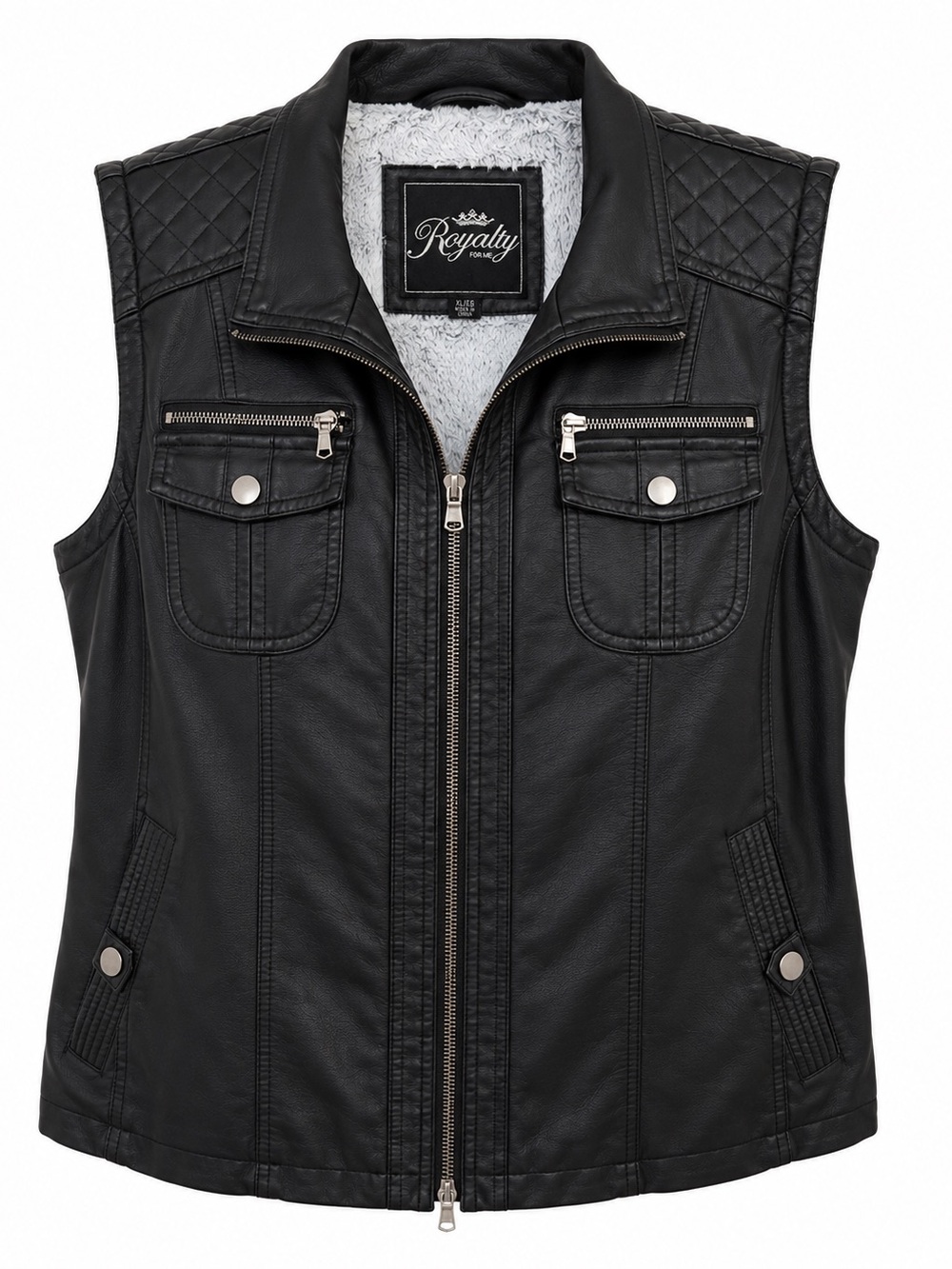Royalty For Me Black Faux Leather Sherpa Lined Moto Vest XL Zip Front